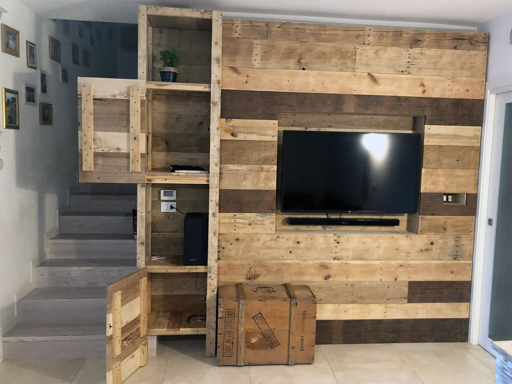 Parete in legno porta TV stile RUSTICO telaio e rivestimento in legno massello da  riciclo effetto multicolore 290x35xh280cm SU MISURA
