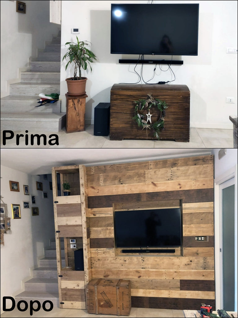 Parete in legno porta TV stile RUSTICO telaio e rivestimento in legno massello da  riciclo effetto multicolore 290x35xh280cm SU MISURA