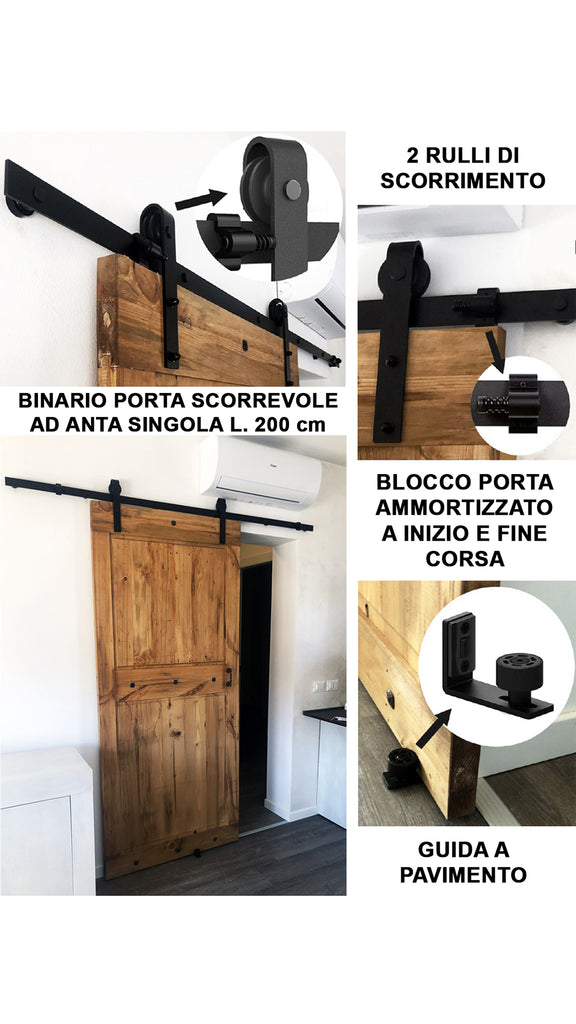 Porta scorrevole per interni stile INDUSTRIAL legno massello scorrimento a carrucole su binario in ferro 95xh220 cm personalizzabile