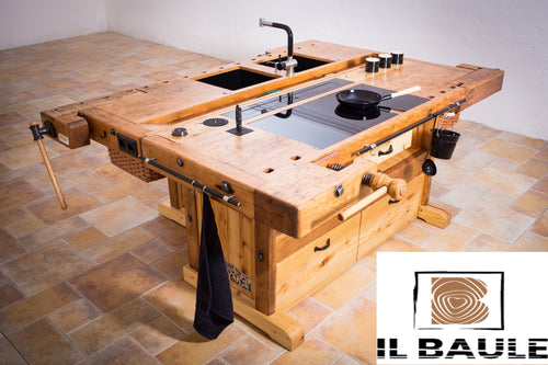 Kitchen island made on 2 INDUSTRIAL style CARPENTER'S WORKTOPS ALL solid wood and predisposition for household appliances 230x120xh90 cm