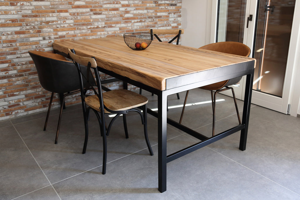 Tavolo da cucina con due allunghe in stile INDUSTRIAL in legno massello e gambe in ferro tubolare 150/190/230x90xh80 cm