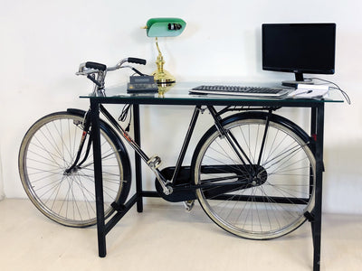 Console with glass top for Bar Pub Breweries INDUSTRIAL style iron frame stand with vintage recycled bicycle 180x80xh110 cm