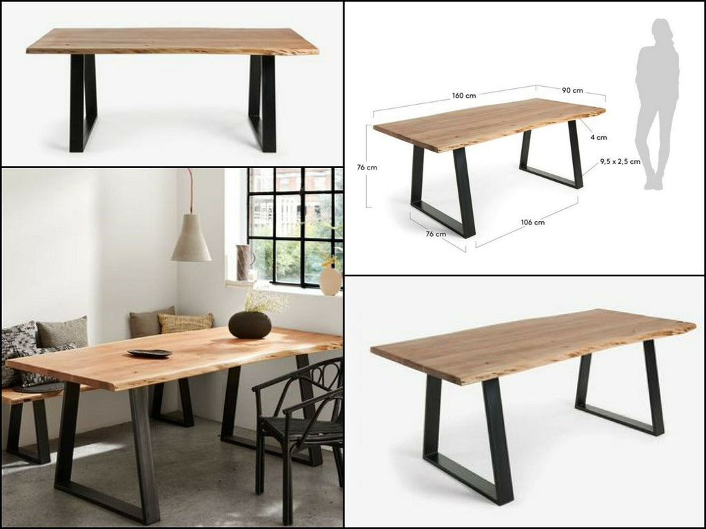 Tavolo fisso cucina e sala da pranzo stile INDUSTRIAL legno massello scortecciato e gambe a trapezio in ferro 160X90xh76 cm