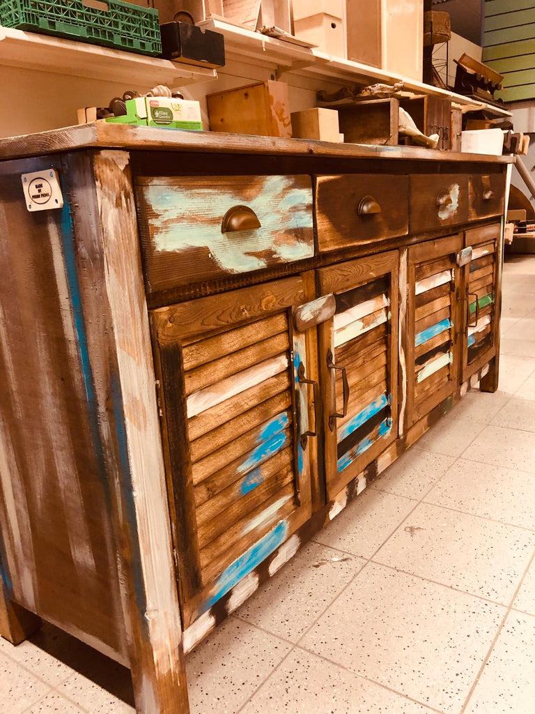 Mobile Credenza soggiorno sala da pranzo stile COUNTRY legno massello colorato stracciato 160x60xh90 cm