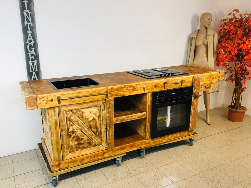 Cucina lineare stile BANCO FALEGNAME / INDUSTRIAL legno massello predisposizione elettrodomestici 250x70xh90 cm