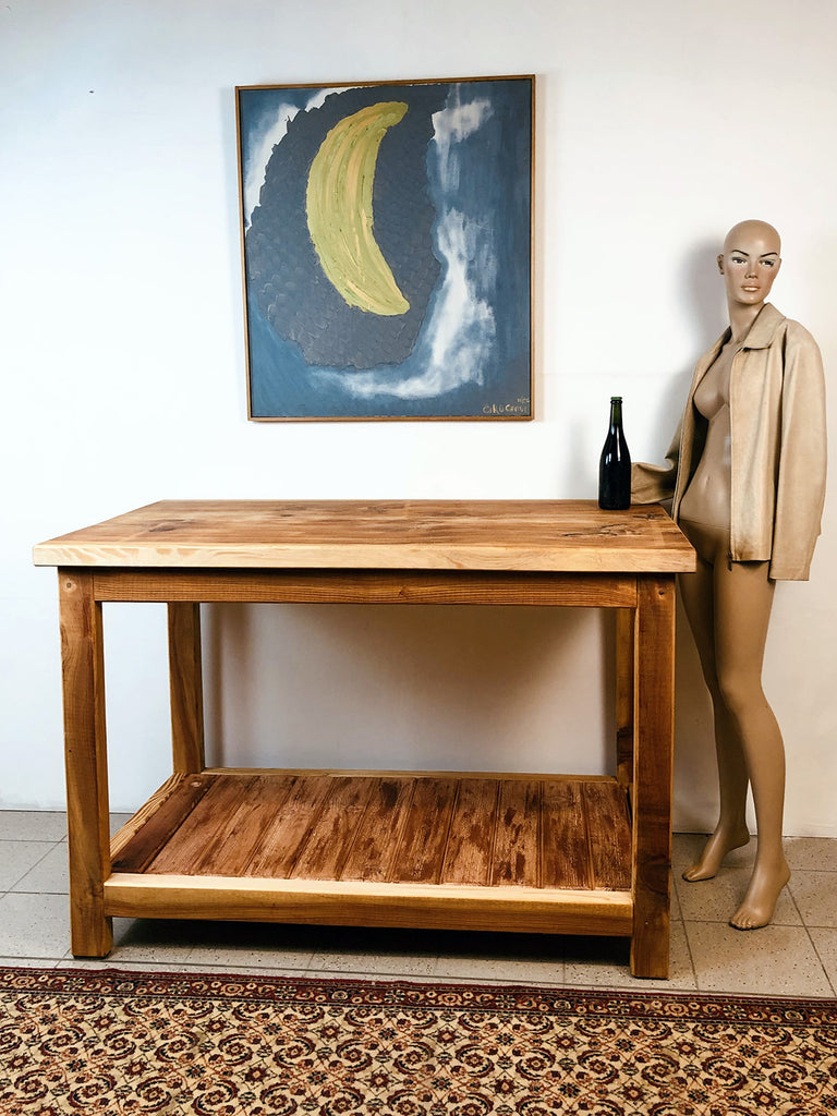 Tavolo rialzato isola cucina Consolle stile COUNTRY legno massello con ripiano a giorno misure 150x90xh100 cm