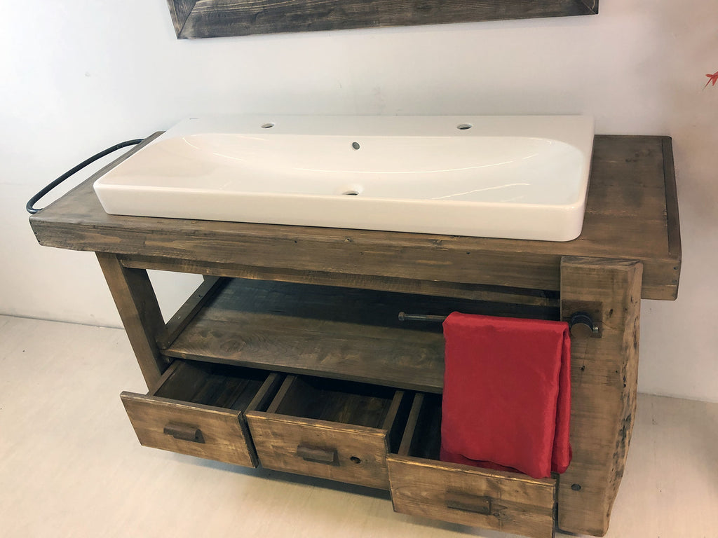 Mobile bagno stile BANCO DA FALEGNAME / INDUSTRIAL legno massello predisposizione lavabo rettangolare grande 156x58xh90 cm