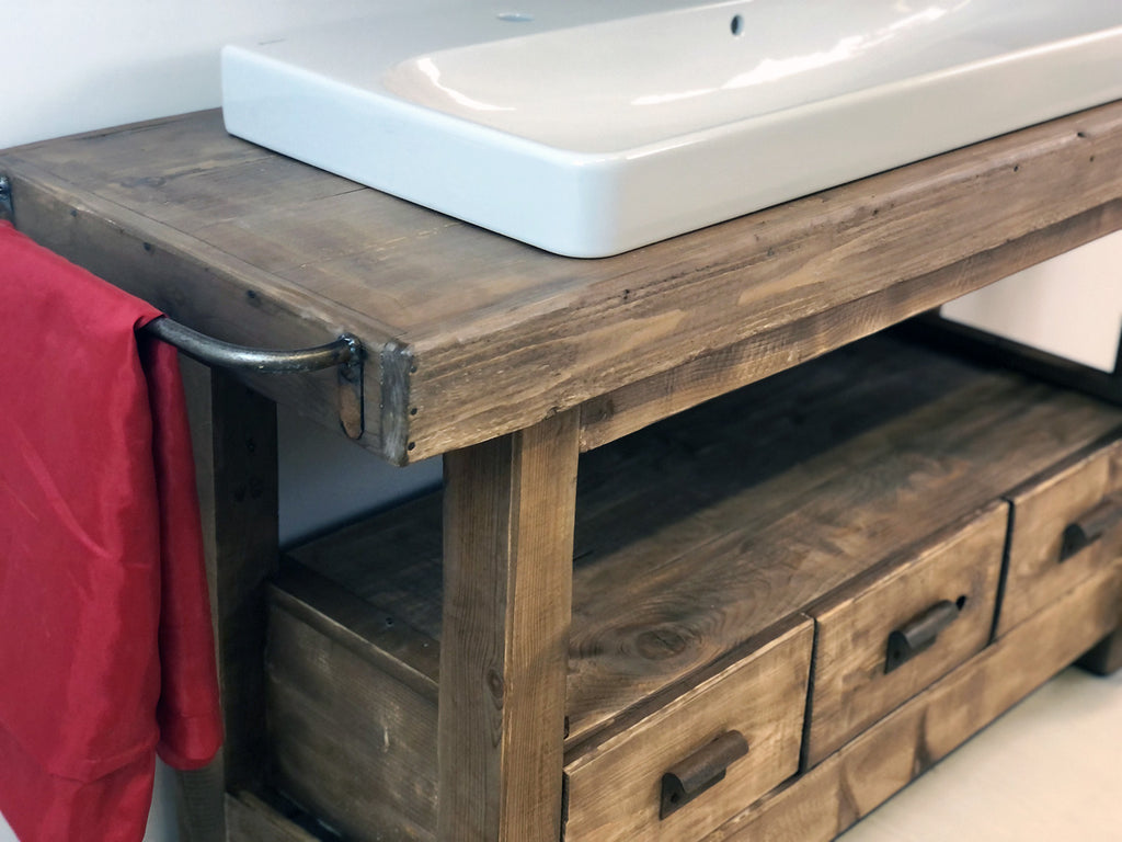 Mobile bagno stile BANCO DA FALEGNAME / INDUSTRIAL legno massello predisposizione lavabo rettangolare grande 156x58xh90 cm