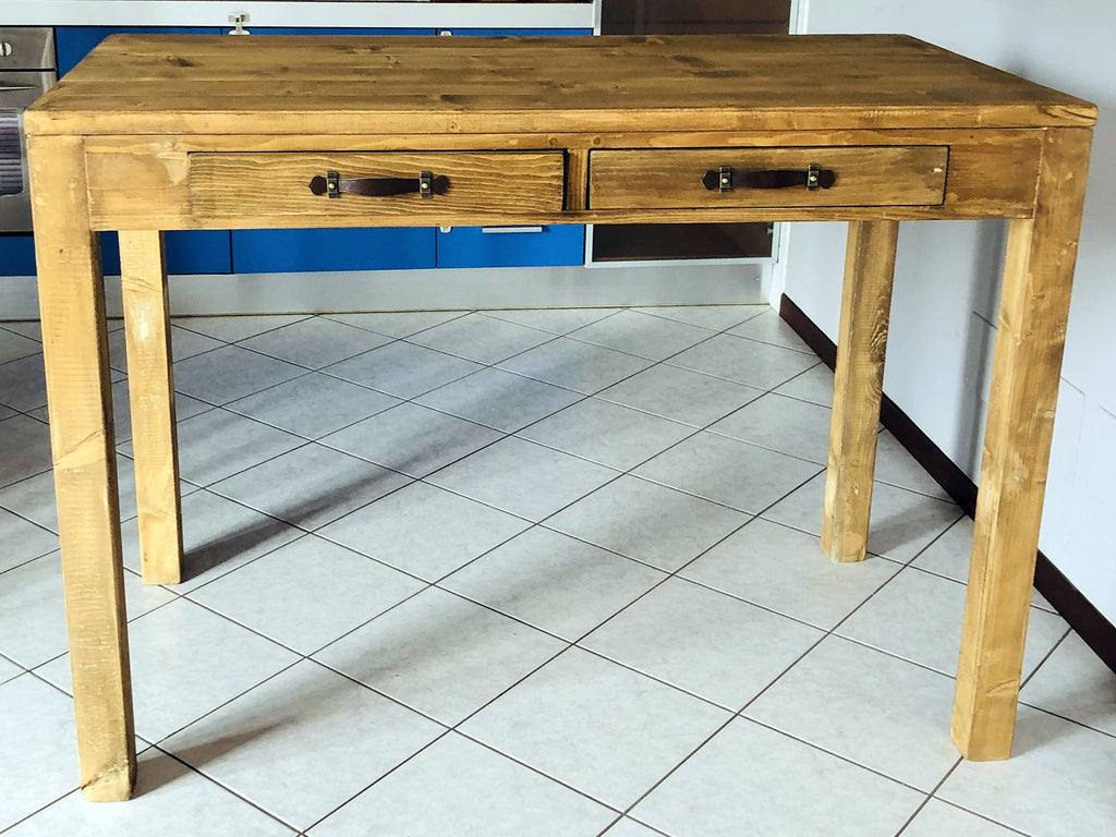 Tavolo rialzato snack isola cucina Consolle stile COUNTRY legno massello 2 cassetti maniglie in Cuoio145x75xh105 cm