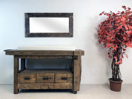 Bathroom cabinet in JOINER'S BENCH / INDUSTRIAL style solid wood with provision for large rectangular sink 156x58xh90 cm