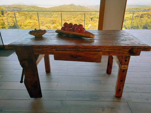 Solid wood BANCO FALEGNAME / INDUSTRIAL style kitchen and dining table with drawer and wooden vice 160x80x80 cm