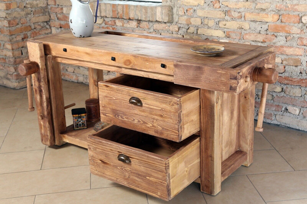 Banco Falegname per arredo isola cucina soggiorno bagno stile INDUSTRIAL legno massello 2 cassetti e 2 morse 170x70xh75 cm