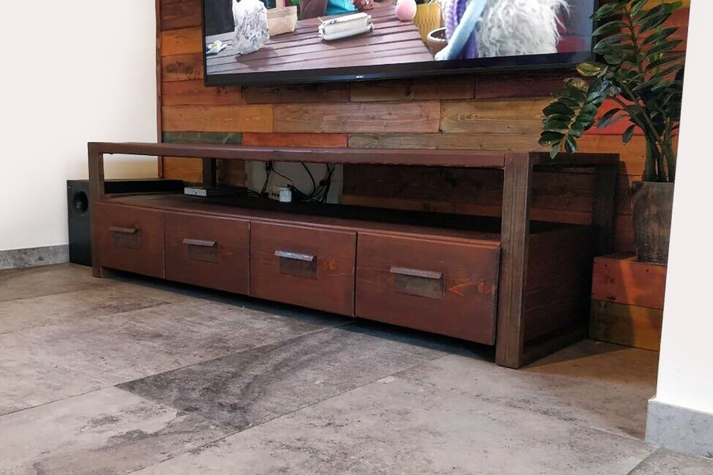 Mobile basso soggiorno salotto porta TV stile INDUSTRIAL legno massello 4 cassetti e vano a giorno 180X45h60 cm