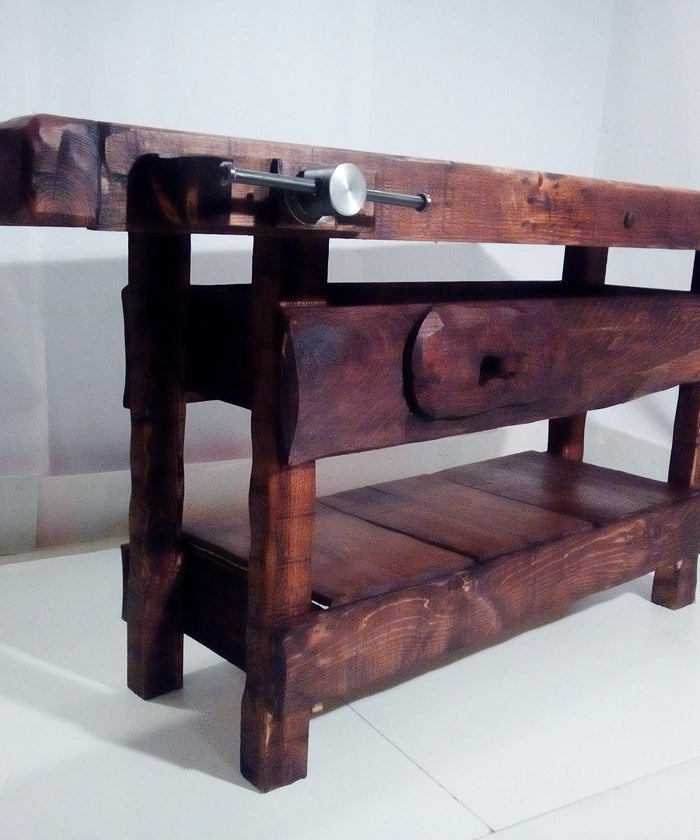 Banco Falegname per arredo attività commerciali in stile INDUSTRIAL / RUSTICO legno massello con cassetto e morsa in ferro 170x65x90 cm