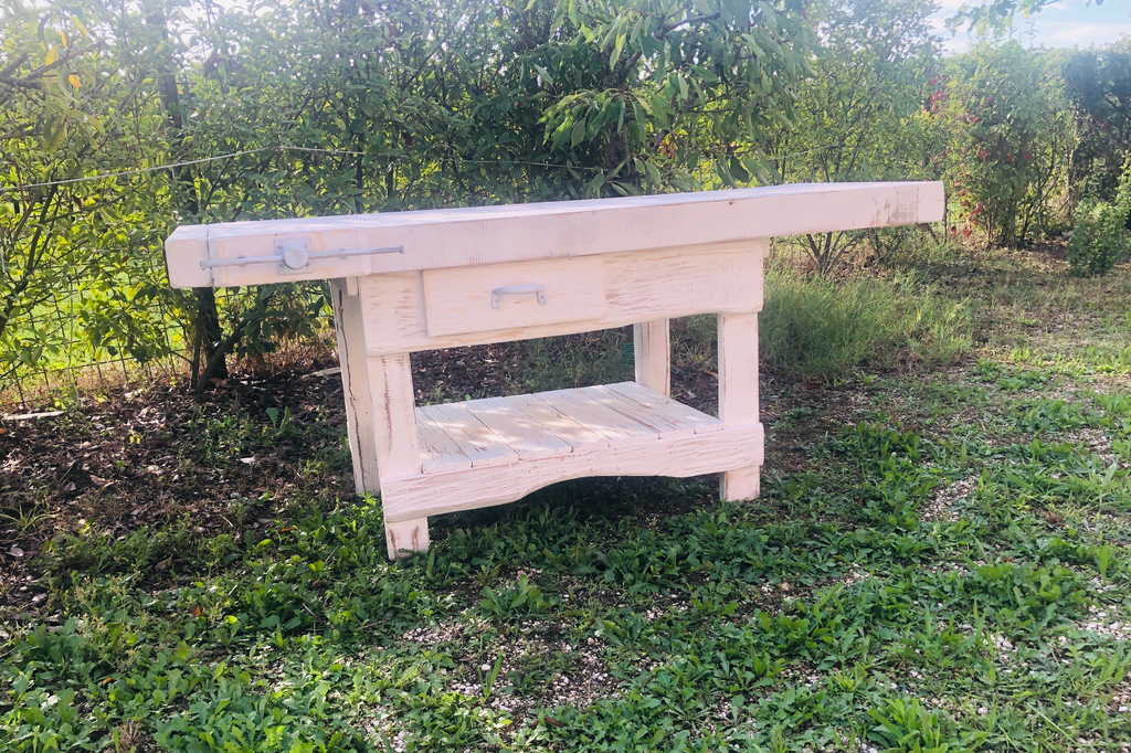 Carpenter's workbench for kitchen island furniture mixed style INDUSTRIAL solid wood in white SHABBY 190x70xh80 cm