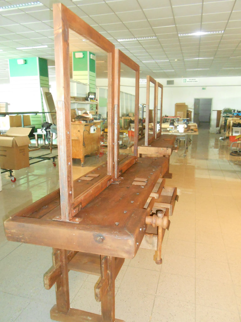 Banco Falegname per arredo negozio Parrucchiere stile INDUSTRIAL specchiere e mobile in legno massello 180x65xh85 cm