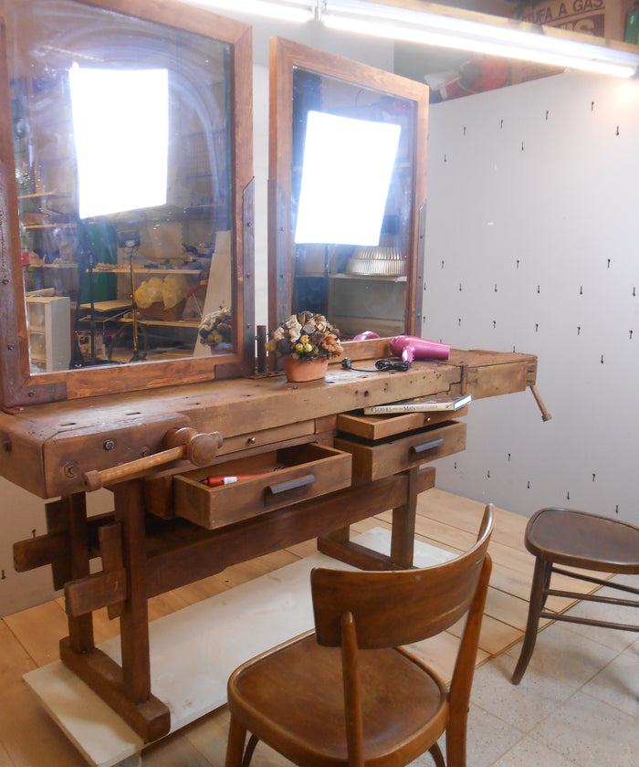 Banco Falegname per arredo negozio Parrucchiere stile INDUSTRIAL specchiere e mobile in legno massello 180x65xh85 cm
