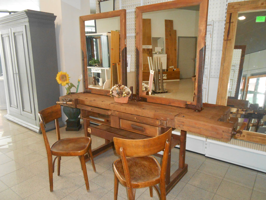 Banco Falegname per arredo negozio Parrucchiere stile INDUSTRIAL specchiere e mobile in legno massello 180x65xh85 cm