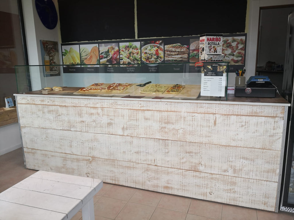 Banco Bancone per Pizzeria in stile MINIMAL / SHABBY legno massello 220x60xh90 cm CREAZIONE SU ORDINAZIONE