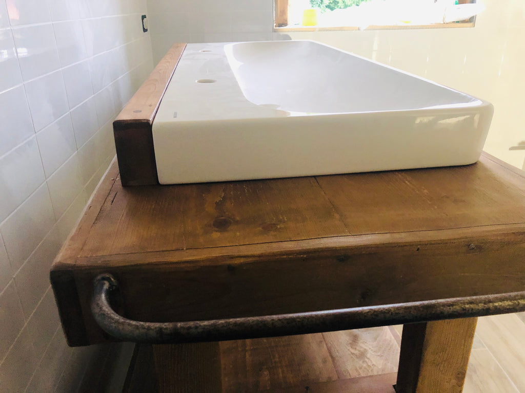 Mobile bagno stile BANCO DA FALEGNAME / INDUSTRIAL legno massello predisposizione lavabo rettangolare grande 156x58xh90 cm