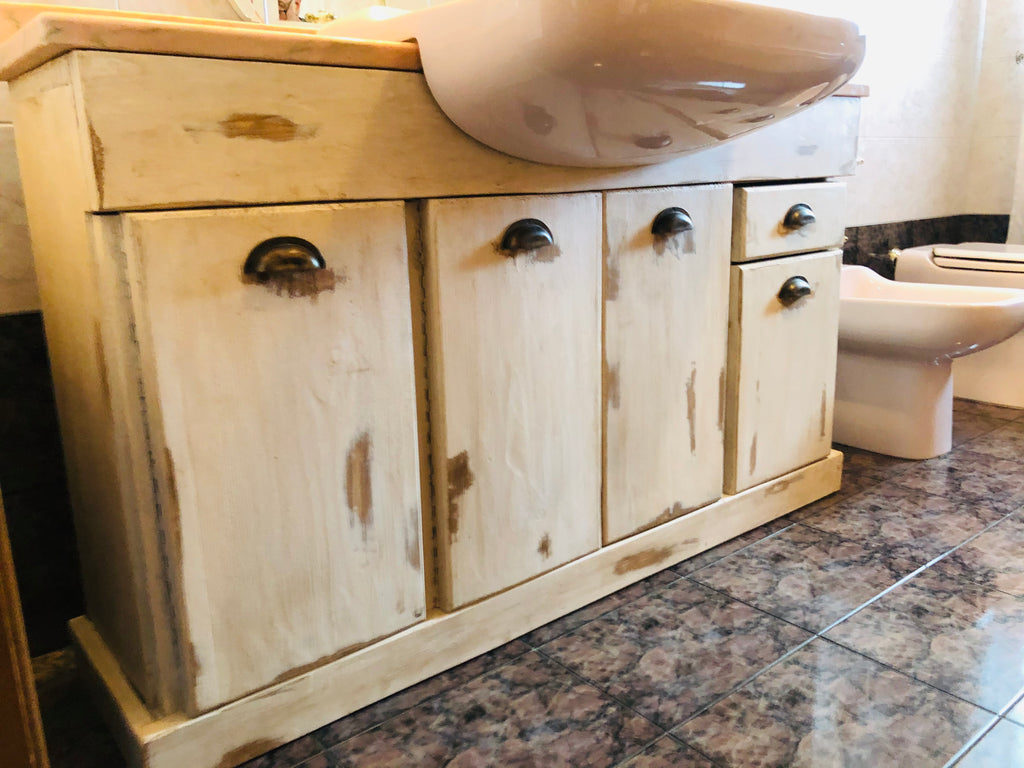 Mobile bagno in stile CLASSICO in bianco SHABBY legno massello quattro ante e un cassetto predisposizione lavandino ad incasso misure 130x35xh80 cm