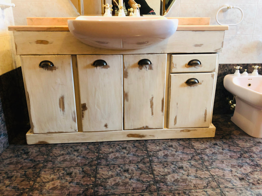 Mobile bagno in stile CLASSICO in bianco SHABBY legno massello quattro ante e un cassetto predisposizione lavandino ad incasso misure 130x35xh80 cm