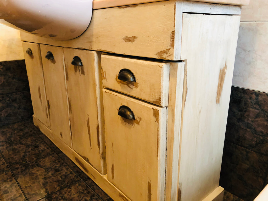 Mobile bagno in stile CLASSICO in bianco SHABBY legno massello quattro ante e un cassetto predisposizione lavandino ad incasso misure 130x35xh80 cm