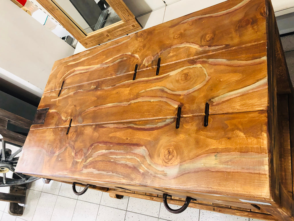Tavolo alto Consolle arredo BAR birrerie isola cucina stile COUNTRY legno massello 2 cassetti e vano a giorno 150x80xh80 cm