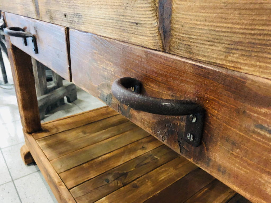 Tavolo alto Consolle arredo BAR birrerie isola cucina stile COUNTRY legno massello 2 cassetti e vano a giorno 150x80xh80 cm