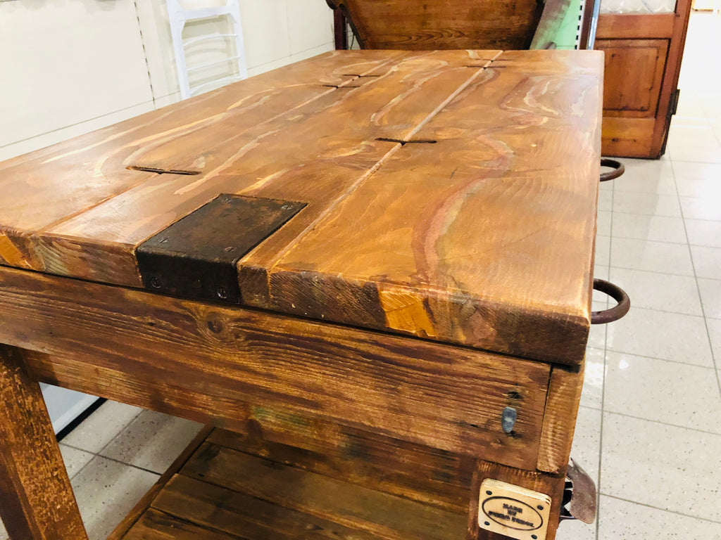 Tavolo alto Consolle arredo BAR birrerie isola cucina stile COUNTRY legno massello 2 cassetti e vano a giorno 150x80xh80 cm