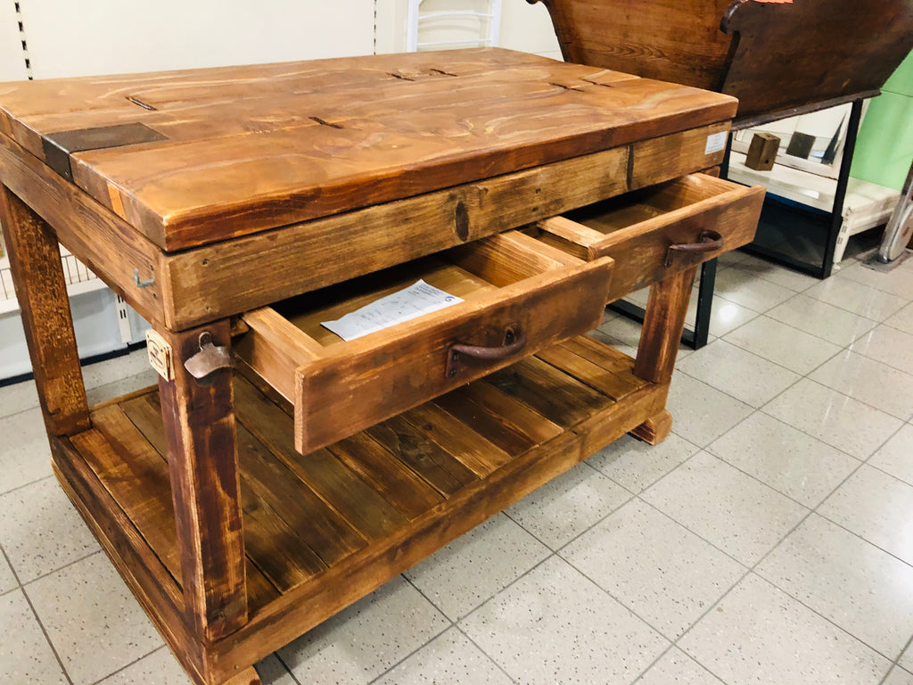 Tavolo alto Consolle arredo BAR birrerie isola cucina stile COUNTRY legno massello 2 cassetti e vano a giorno 150x80xh80 cm