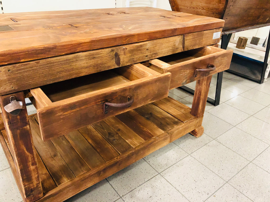 Tavolo alto Consolle arredo BAR birrerie isola cucina stile COUNTRY legno massello 2 cassetti e vano a giorno 150x80xh80 cm