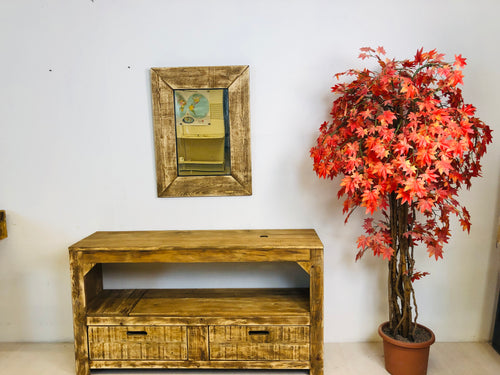 Mobile Consolle + Specchio per arredo ingresso stile COUNTRY FATTORIA legno massello con cassettoni e vano a giorno 120x55xh80 cm