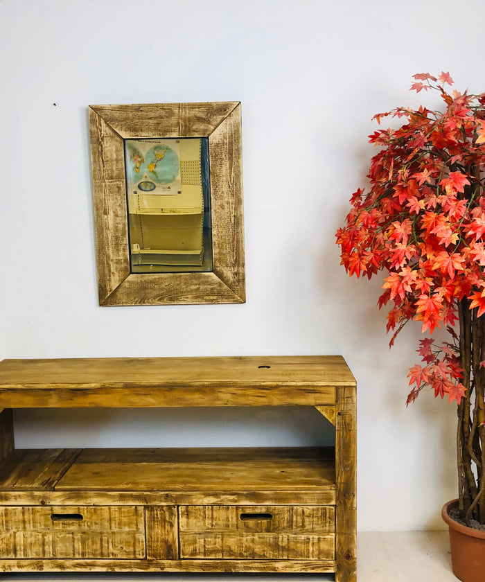 Mobile Consolle + Specchio per arredo ingresso stile COUNTRY FATTORIA legno massello con cassettoni e vano a giorno 120x55xh80 cm