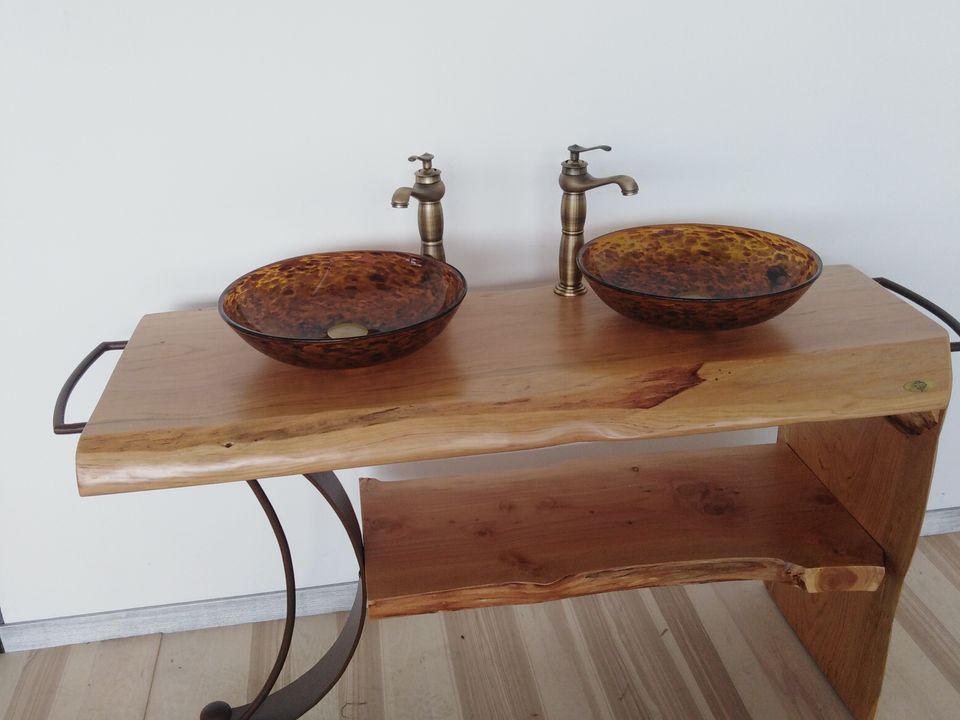 Mobile bagno stile INDUSTRIAL legno massello in abete scortecciato lavabi a vetro e rubinetti inclusi 140x50xh72 cm