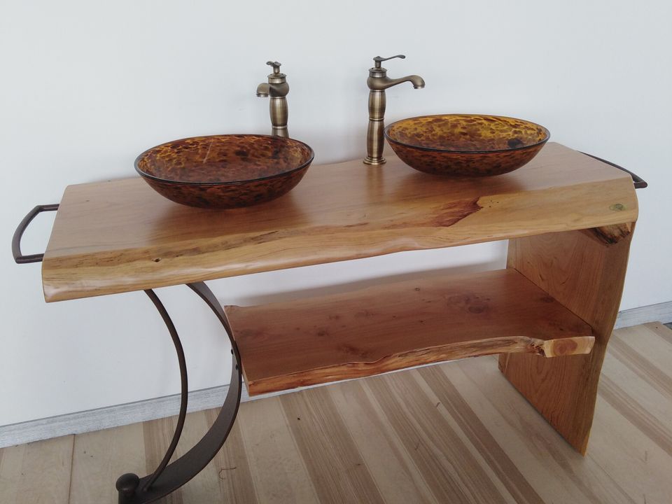Mobile bagno stile INDUSTRIAL legno massello in abete scortecciato lavabi a vetro e rubinetti inclusi 140x50xh72 cm