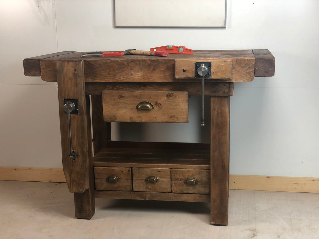 Banco Falegname per arredo isola cucina in stile INDUSTRIAL legno massello quattro cassetti due morse 160x60xh85 cm