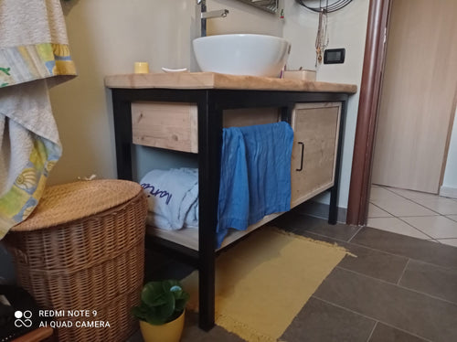 Mobile Bagno per lavabo in stile INDUSTRIAL in legno massello e telaio in ferro predisposizione per lavabo a conca 100x45xh80 cm