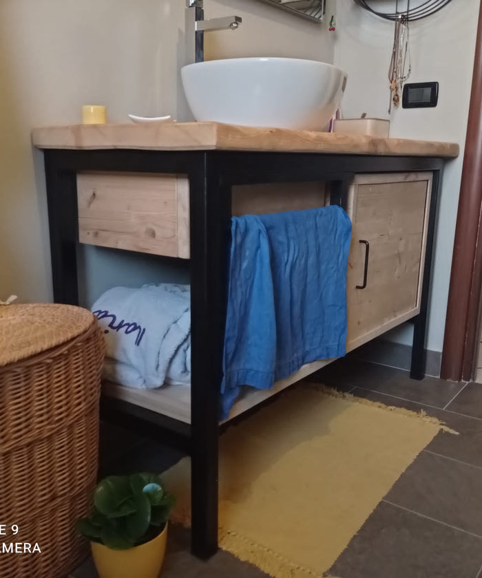 Mobile Bagno per lavabo in stile INDUSTRIAL in legno massello e telaio in ferro predisposizione per lavabo a conca 100x45xh80 cm