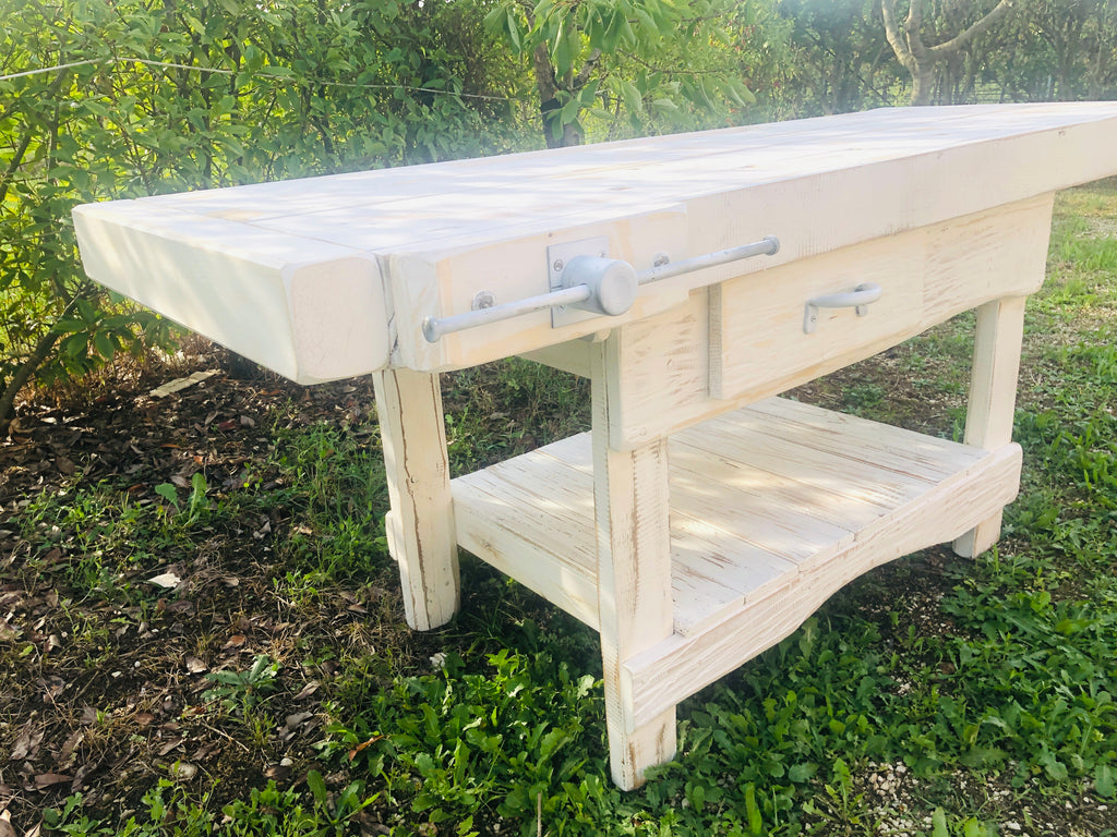 Carpenter's workbench for kitchen island furniture mixed style INDUSTRIAL solid wood in white SHABBY 190x70xh80 cm