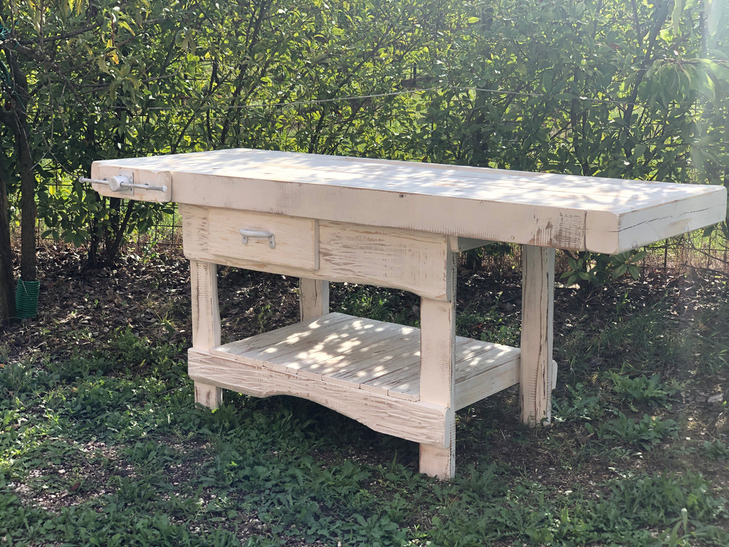 Carpenter's workbench for kitchen island furniture mixed style INDUSTRIAL solid wood in white SHABBY 190x70xh80 cm