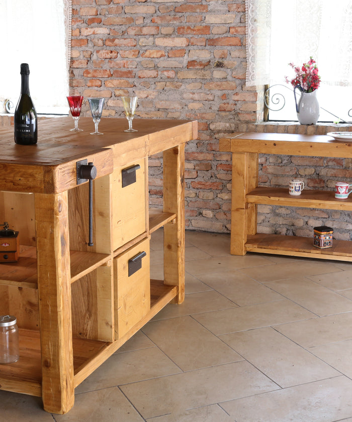 Carpenter's workbench for shop furnishing or kitchen island INDUSTRIAL style solid wood 4 drawers vice 180x80xh100 cm