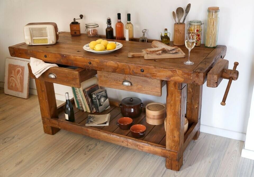 Banco Falegname per arredo isola cucina soggiorno angolo BAR stile INDUSTRIAL legno massello cassetti e morsa 150x63xh85 cm