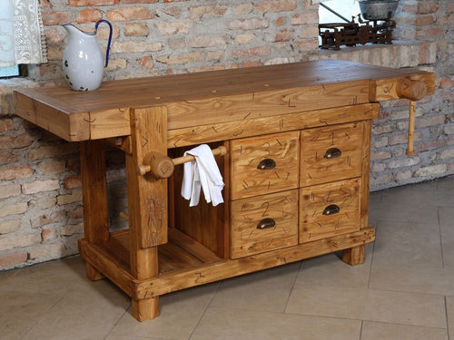 Banco Falegname per arredo isola cucina soggiorno bagno stile INDUSTRIAL legno massello 4 cassetti 2 morse 160x55xh85 cm