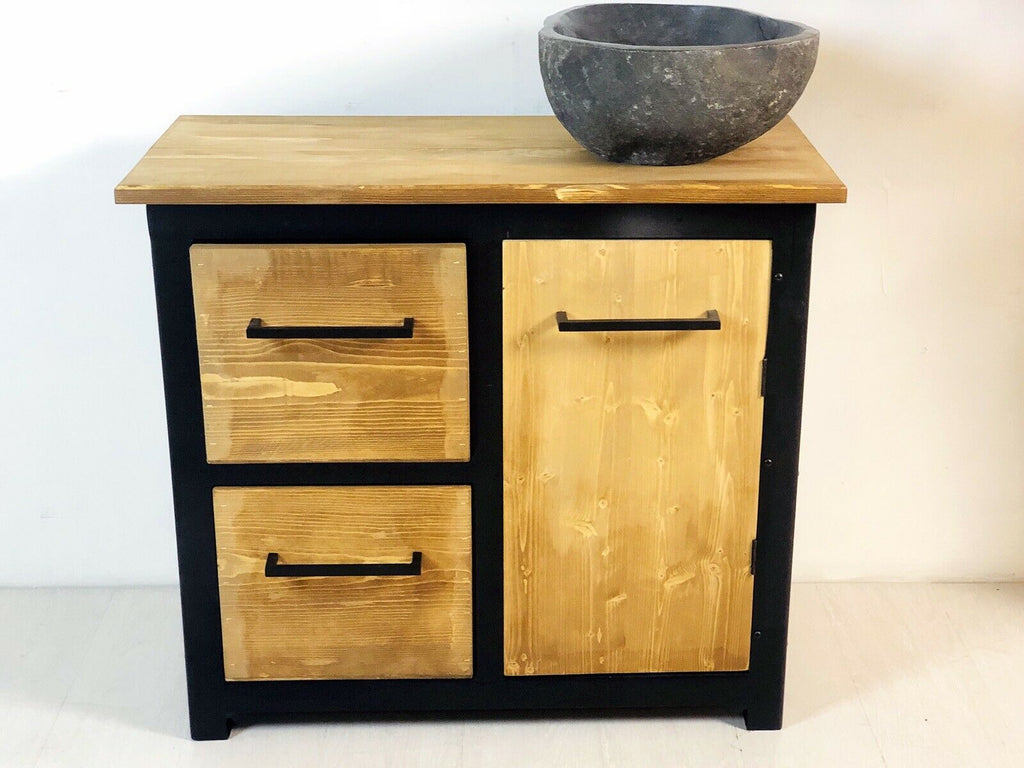 Mobile in stile INDUSTRIAL multiuso per bagno o credenza legno massello e telaio in ferro lavabo pietra opzionale 90x45h80 cm