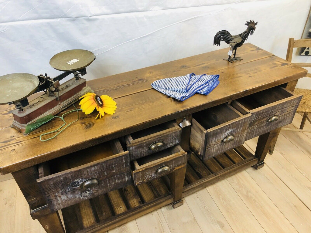 Consolle per arredo isola cucina stile RUSTICO / COUNTRY FATTORIA TUTTO in legno massello con cassetti e ripiano a giorno 170x50xh93 cm