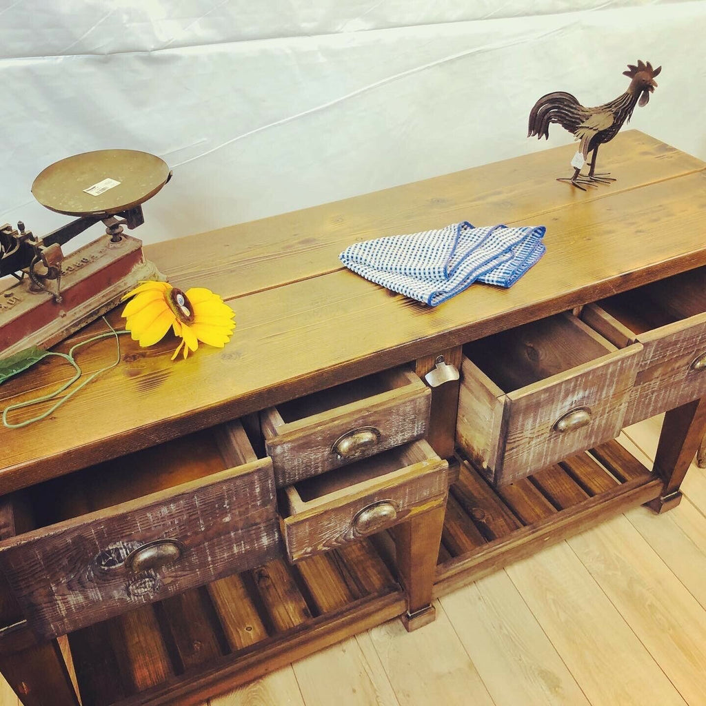 Consolle per arredo isola cucina stile RUSTICO / COUNTRY FATTORIA TUTTO in legno massello con cassetti e ripiano a giorno 170x50xh93 cm