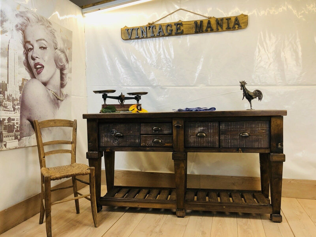 Consolle per arredo isola cucina stile RUSTICO / COUNTRY FATTORIA TUTTO in legno massello con cassetti e ripiano a giorno 170x50xh93 cm
