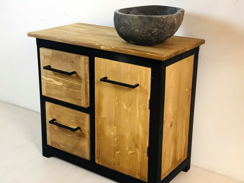 Mobile in stile INDUSTRIAL multiuso per bagno o credenza legno massello e telaio in ferro lavabo pietra opzionale 90x45h80 cm
