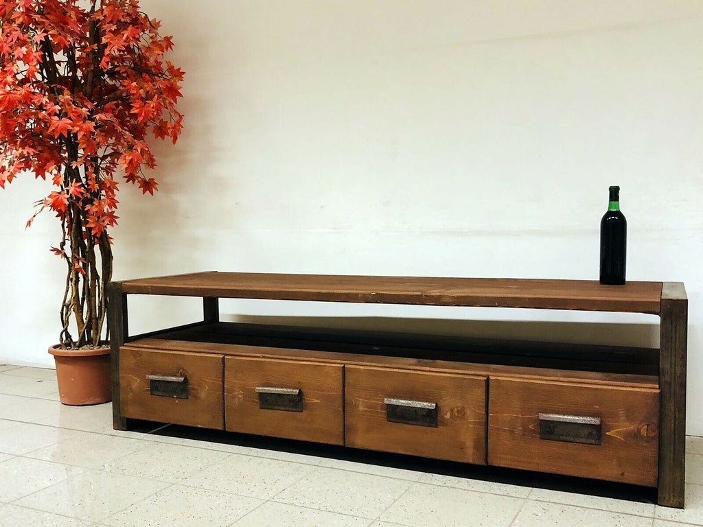 Mobile basso soggiorno salotto porta TV stile INDUSTRIAL legno massello 4 cassetti e vano a giorno 180X45h60 cm (Copia)